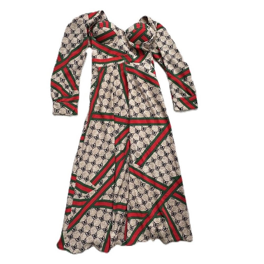 Small Long-sleeved Maxi Dress with green / red ribbon and butterfly design